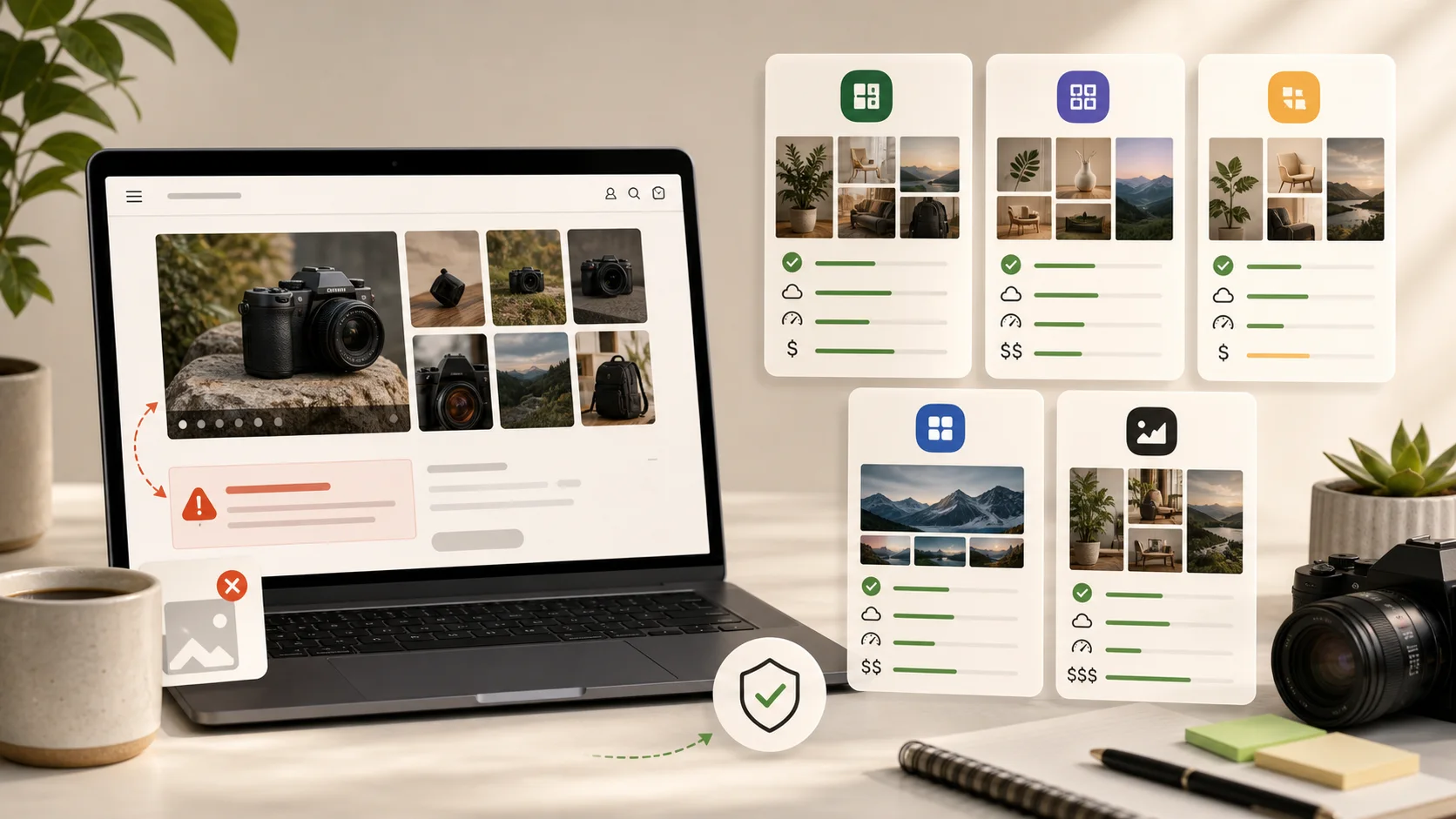 A laptop showing an ecommerce image gallery beside five comparison cards for Shopify gallery app alternatives.