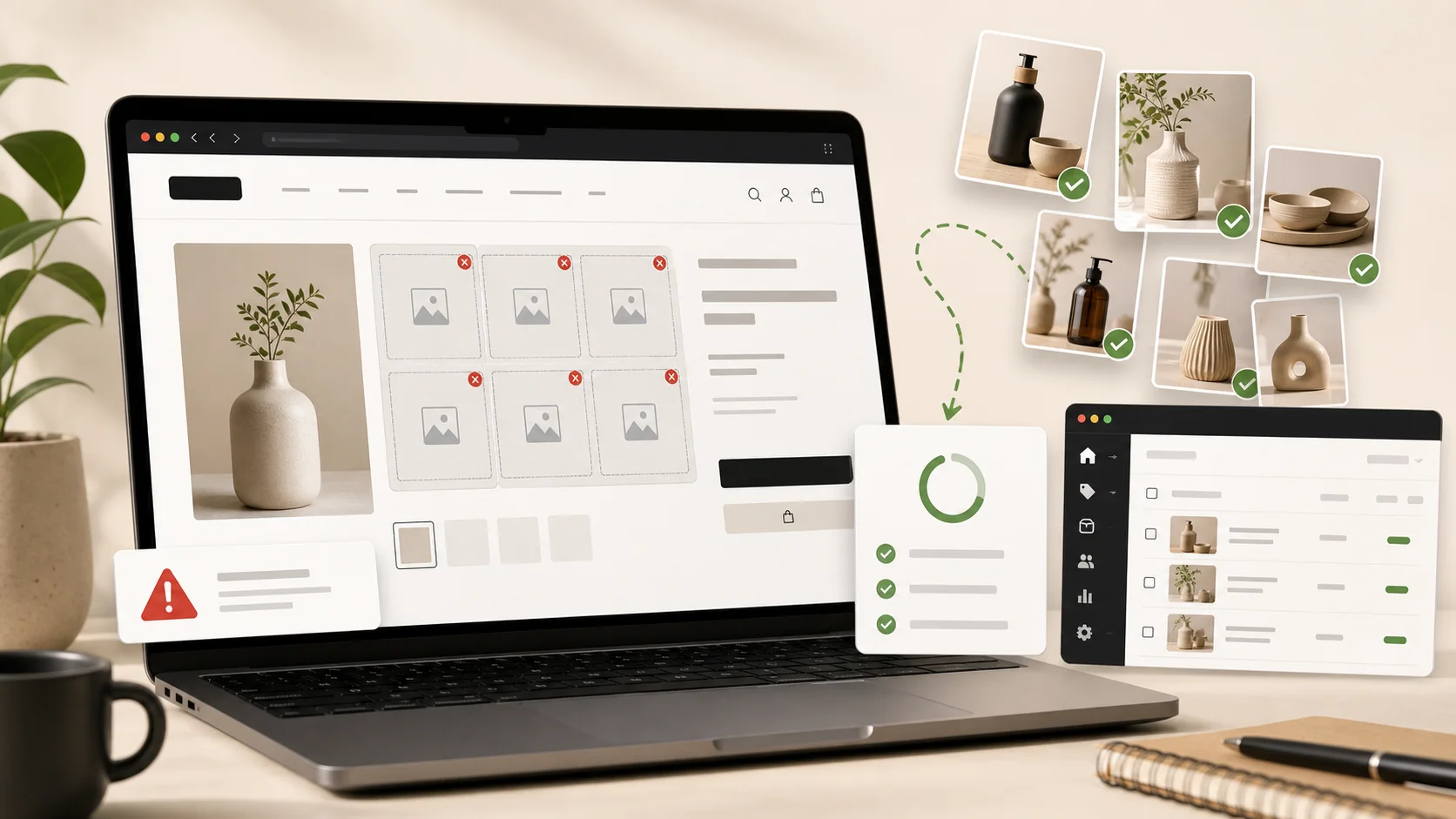 A laptop showing a broken ecommerce image gallery with recovered product images and store admin panels.